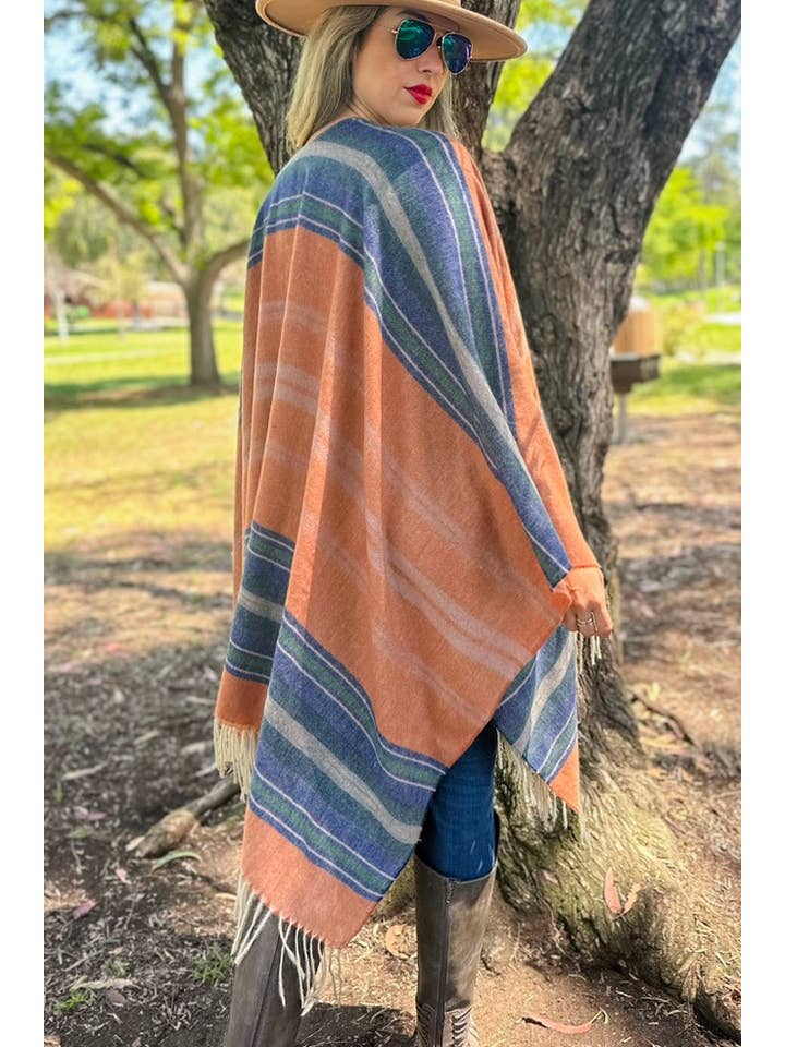 Rost Rostrandig tryckt mysig Ruana sjalkofta med tofs för wholesale på Faire7