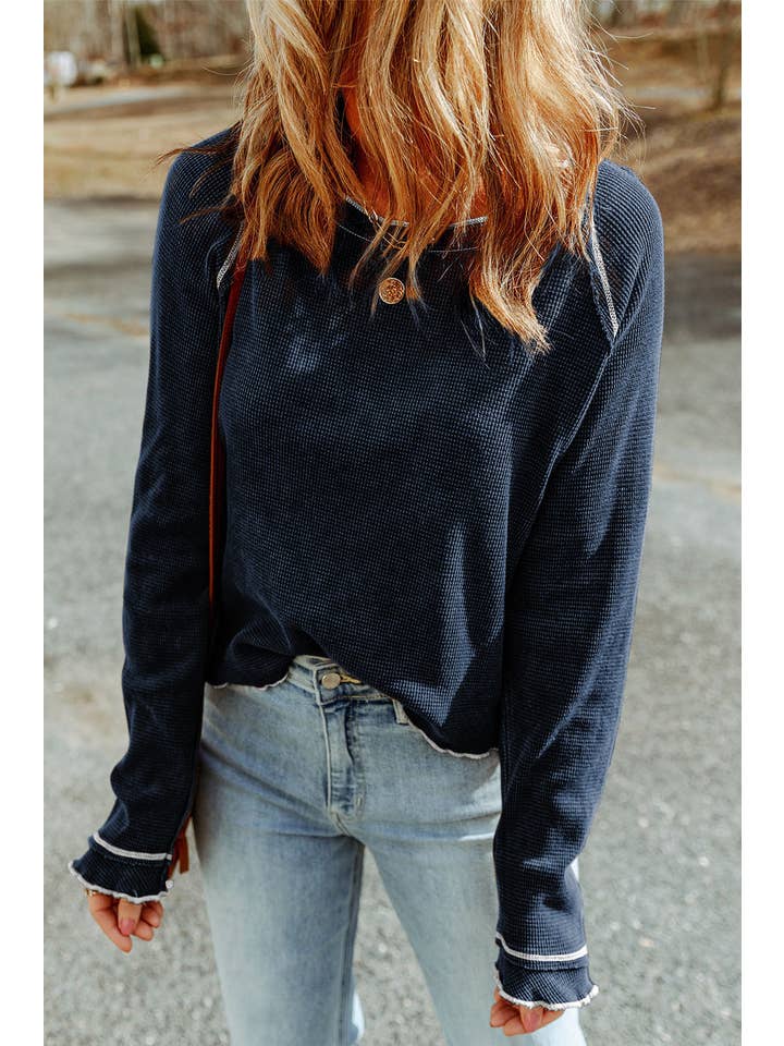 PRETTY BASH - Wholesale Knit Top - Women's - Solid Waffle Knit Round Neck Long Sleeve Top14