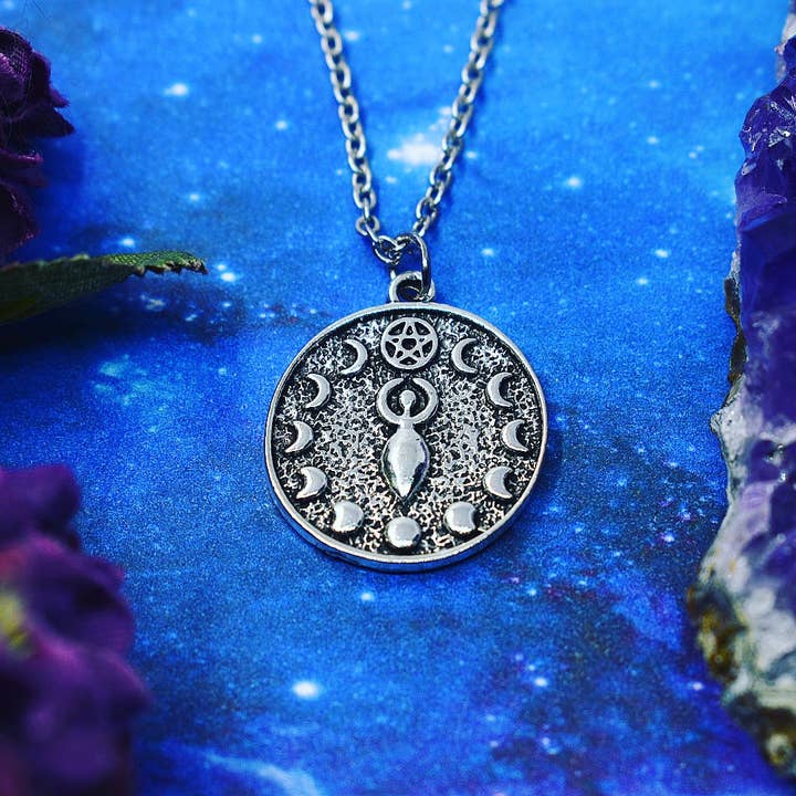 Goddess pendant, moon phase and pentacle, wicca jewelry, witch, goth for wholesale by JorieJewelry