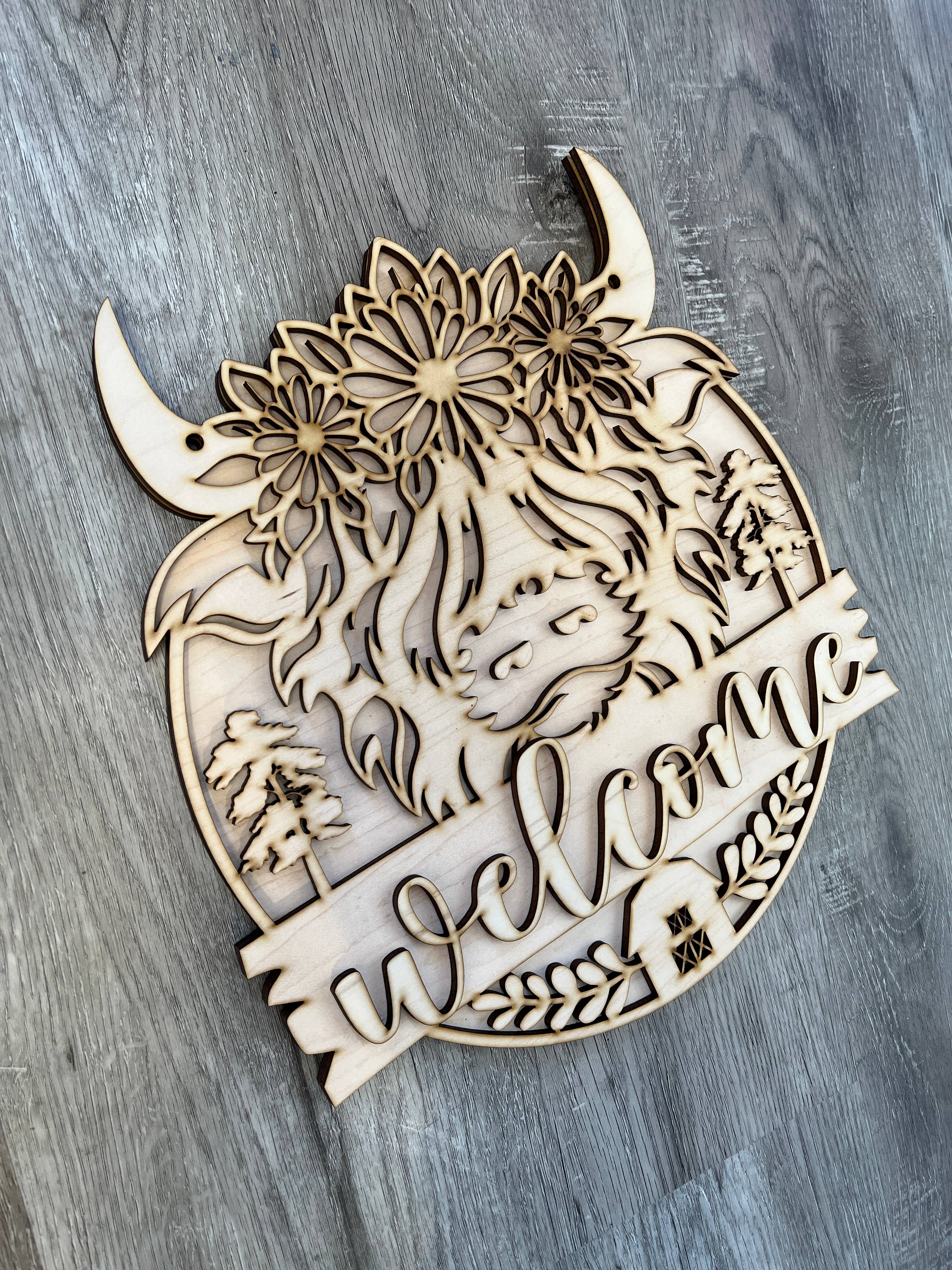 Rustic Home Co LLC - Wholesale Door Hanger - Sign,Highland Cow Welcome Door-hanger, diy craft3