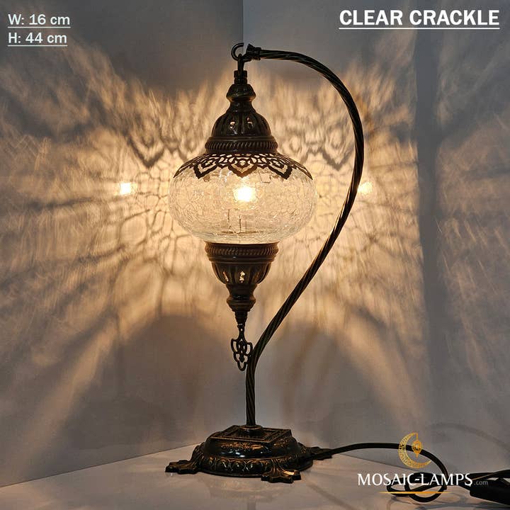 Mosaic Lamps - Wholesale Accent/Desk Lamp - Clear Crackle Glass Swan Neck Table Lamp, Ottoman Gooseneck