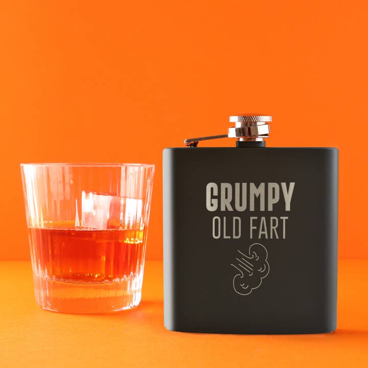 Unique Gift Workshop - Wholesale Flask - ‘Grumpy Old Fart’ Black Metal Hip Flask - Gift for Dad