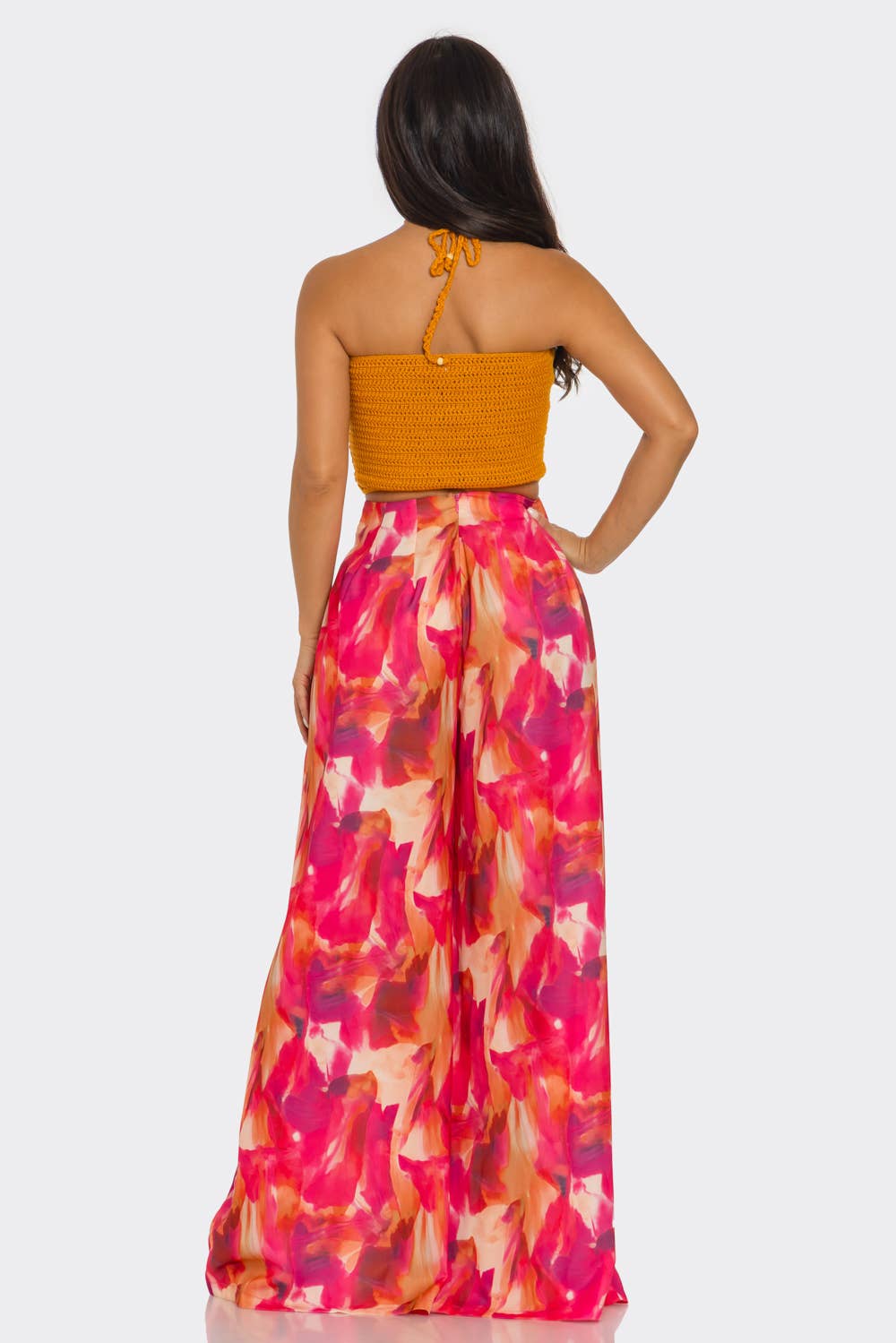 ORANGE MULTI HCCTPW633502Pc  Halterneck Top Printede Bukser med Vide Ben for engroshandel på Faire3