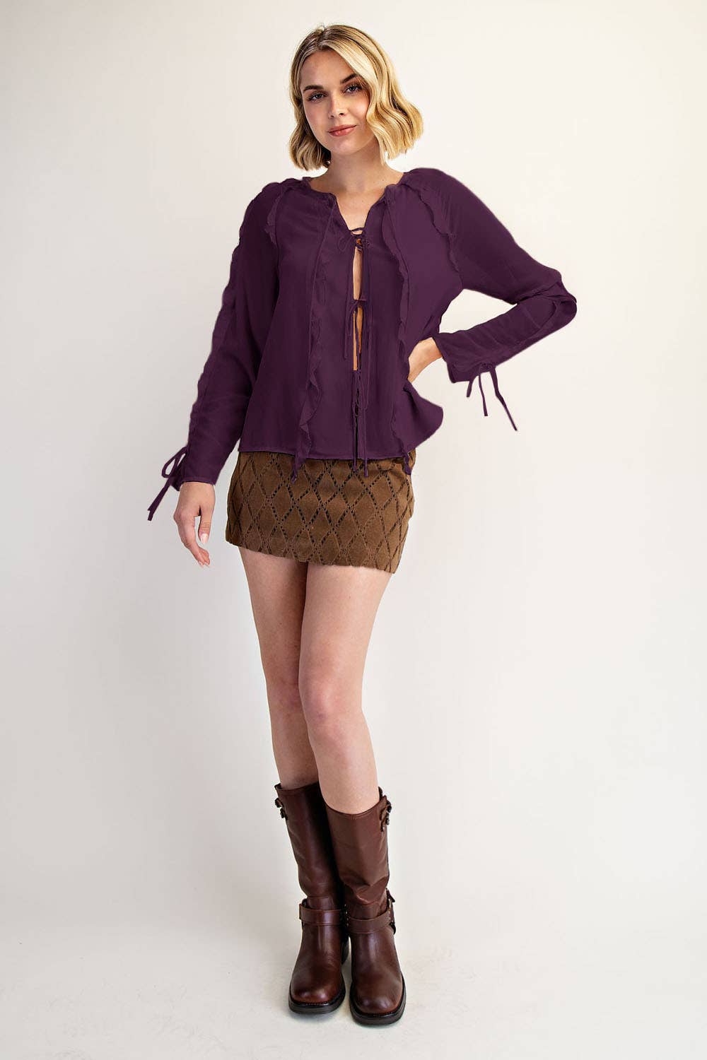 Edit by Nine - Wholesale Blouse - Women's - Ruffled Chiffon Blouse with Tied Front Detail7