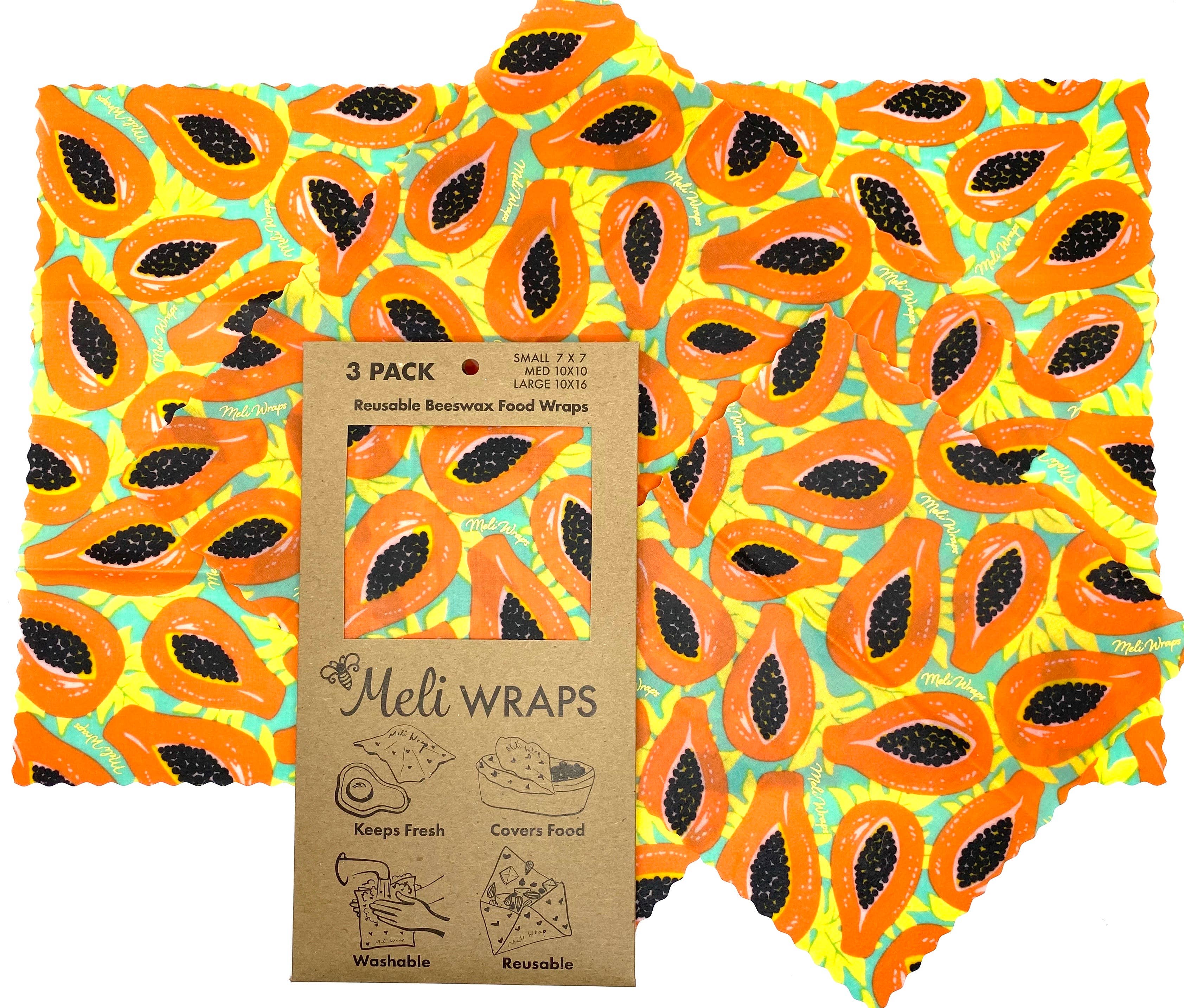 Reusable Beeswax Food Wrap - Dragonfruit Print - Meli Wraps Small + Medium + Large - 3-Pack