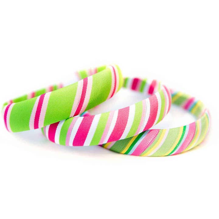 Pink and Green Striped Grosgrain Ribbon Padded Wide Headband for wholesale by Bows Etc.