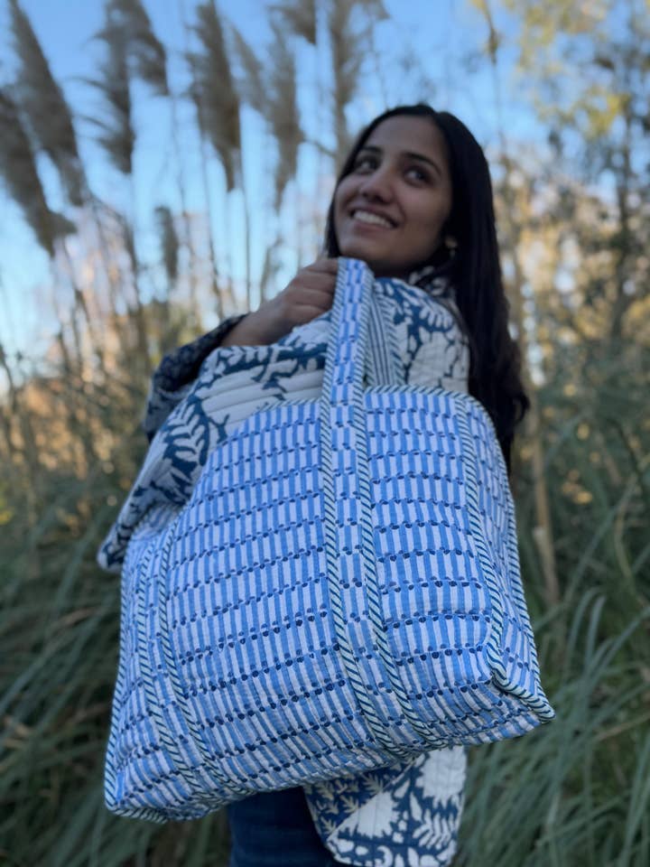 Quilted Cotton Handprint Reversible Large Tote Bag Sky Blue for wholesale by Essential Designs London