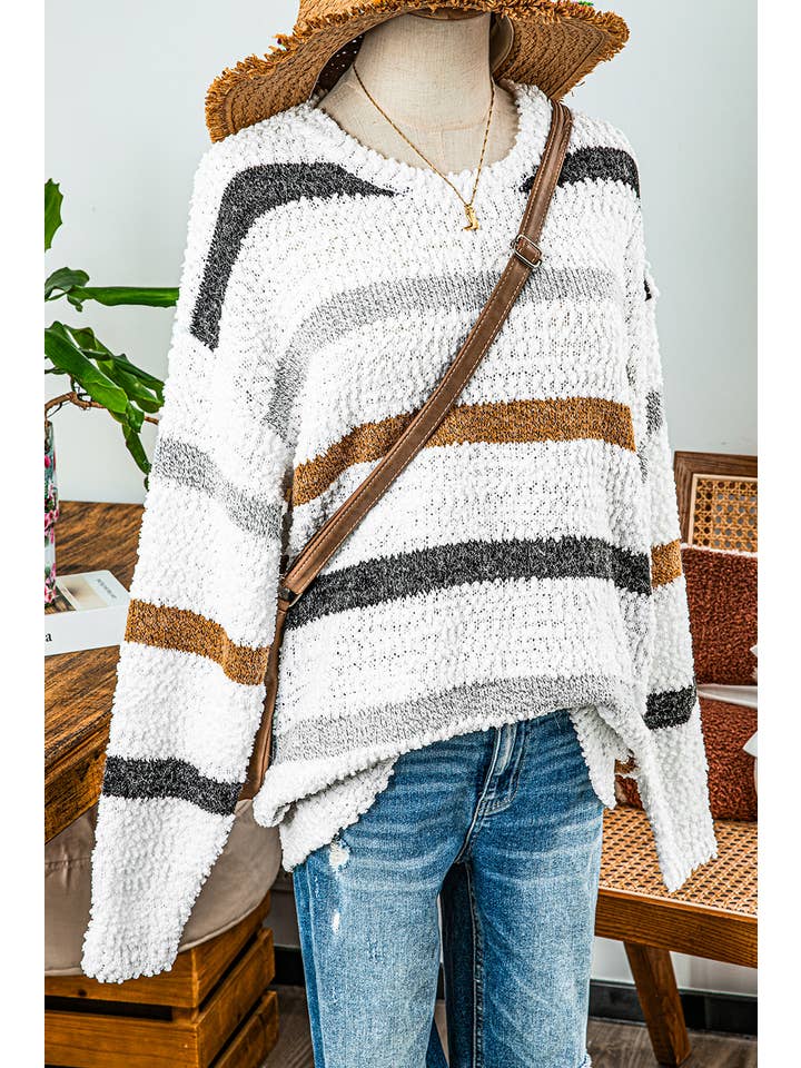As shown Fashion-W Striped Popcorn Knit Sweater for wholesale on Faire