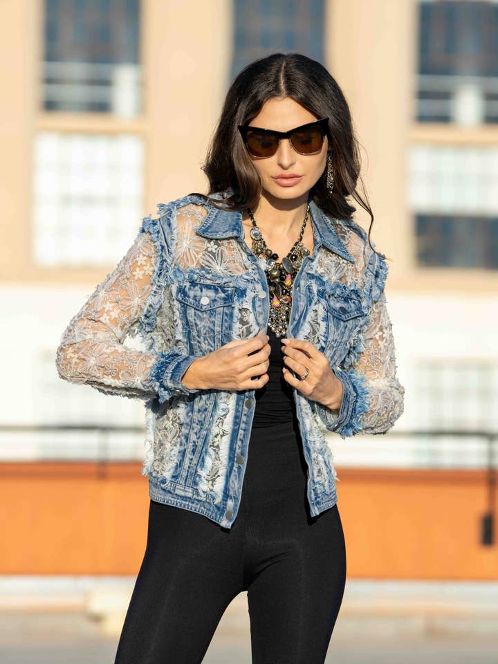 2623G Sheer Floral Lace Sleeve Distressed Denim Jacket for wholesale by Adore