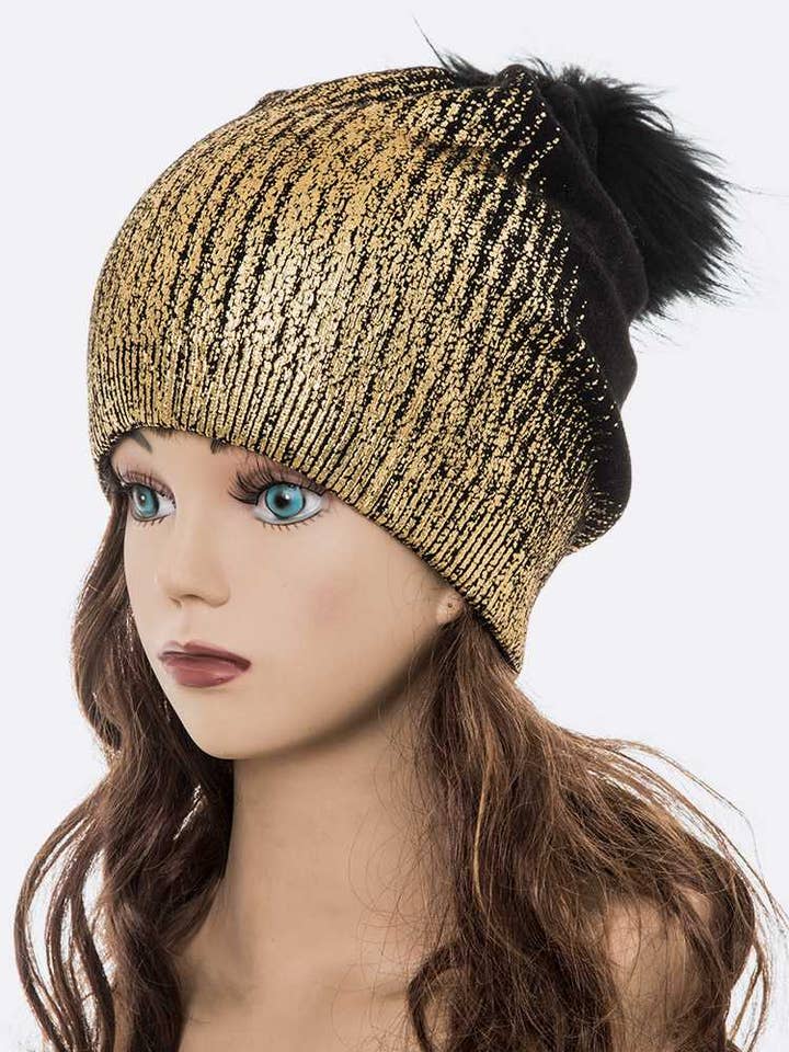Metallic Cashmere Fur Pom Beanie for wholesale by Artini Accessories