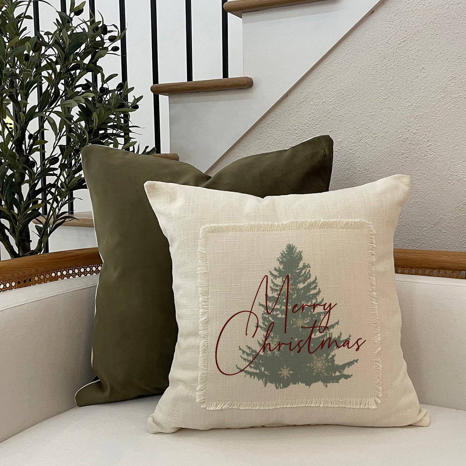 Second Nature by Hand - Wholesale Throw Pillow Cover - Merry Christmas Tree / Natural Pillow Cover1