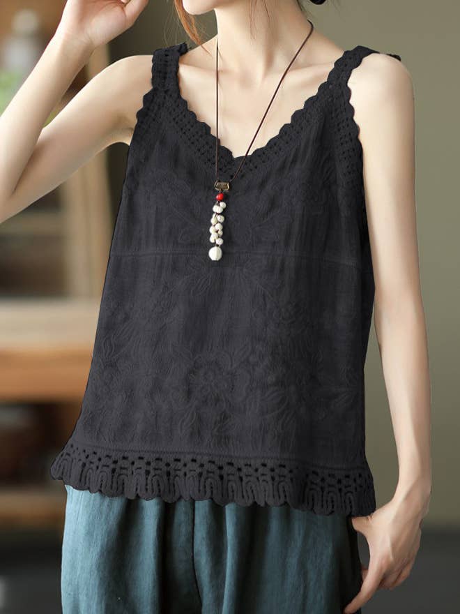 Rosa Clothing - Wholesale Tank Top - Women's - V-Neck Ethnic-Style Pattern Lace Camisole