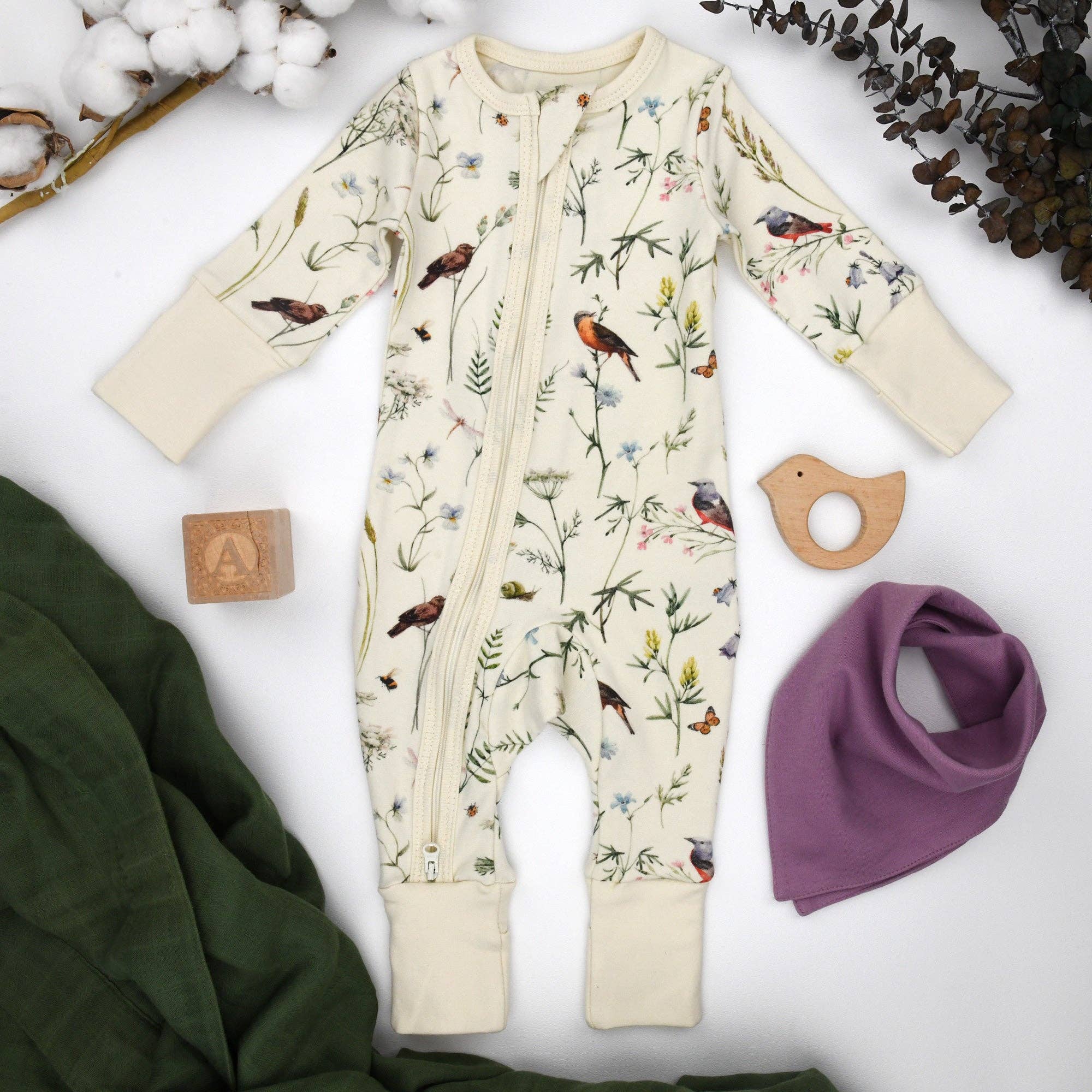 Earthy - Wholesale Sleepsuit - Baby - Organic Cotton Baby Pajamas 2-Way Zip Front Zipper Sleeper, Finch0