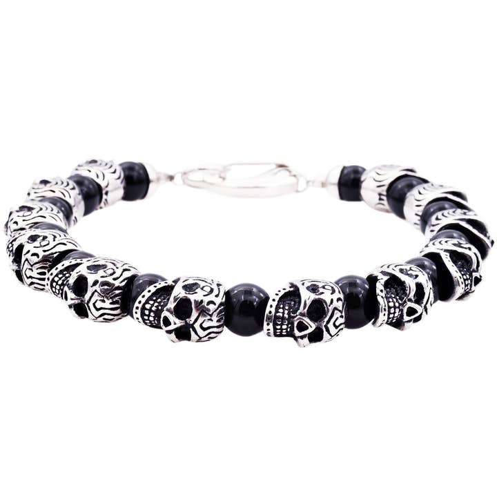 Men's Genuine Onyx Stainless Steel Skull Beaded Bracelet for wholesale by Blackjack Mens Jewelry