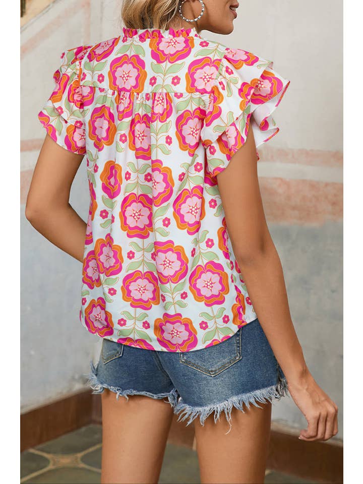 Rose Floral Ricrac Ruffle Sleeve Spring Blouse for wholesale on Faire
