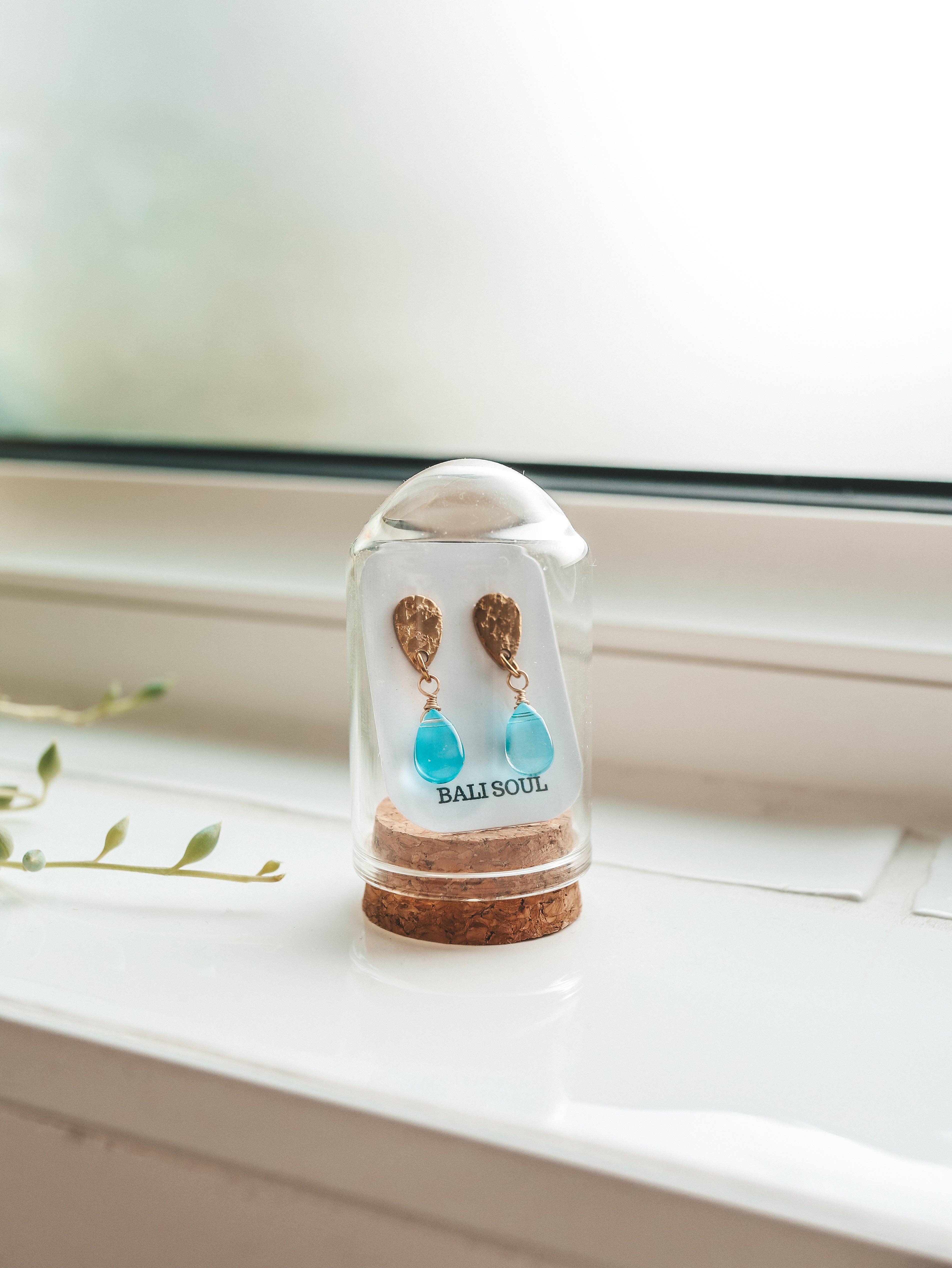 Bali Soul - Wholesale Dangle Earrings - Blue Breeze Glass Teardrop Stud Gold Earrings4