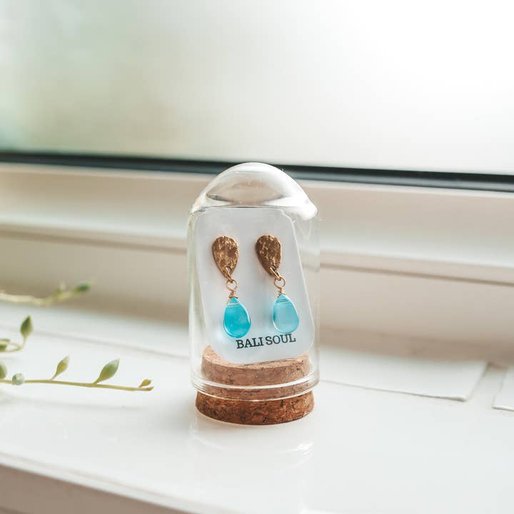 Bali Soul - Wholesale Dangle Earrings - Blue Breeze Glass Teardrop Stud Gold Earrings4