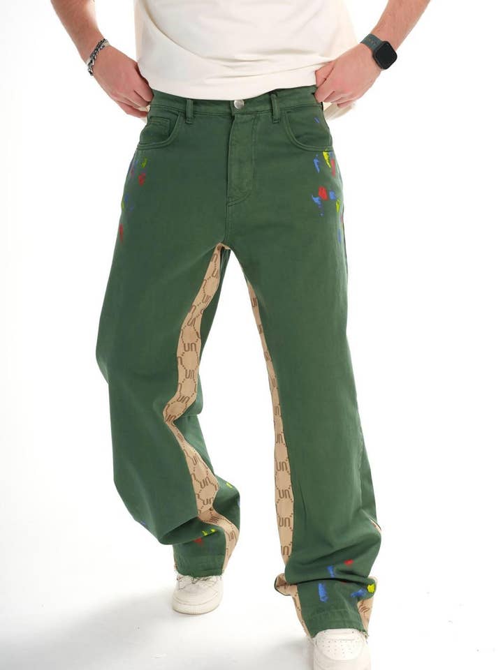 Jeans verdes de pierna ancha con salpicaduras de pintura y paneles laterales con logo para hombre 0924B9906 para venta al por mayor de Monocloth