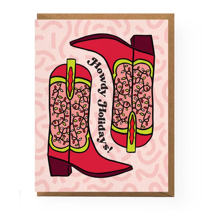 Howdy Holidays Cowboy Boot Card for wholesale by Boss Dotty Paper Co.