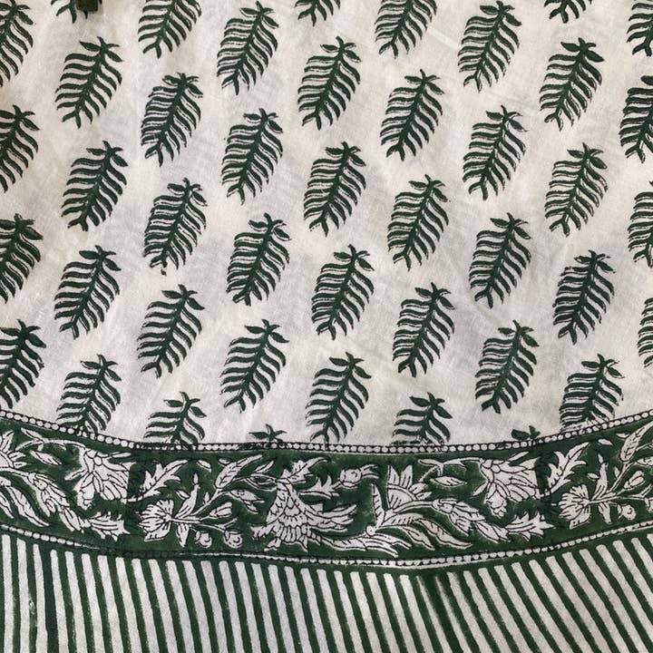 Juniper Green White Indian Leaf Print Christmas Tree Skirt for wholesale on Faire