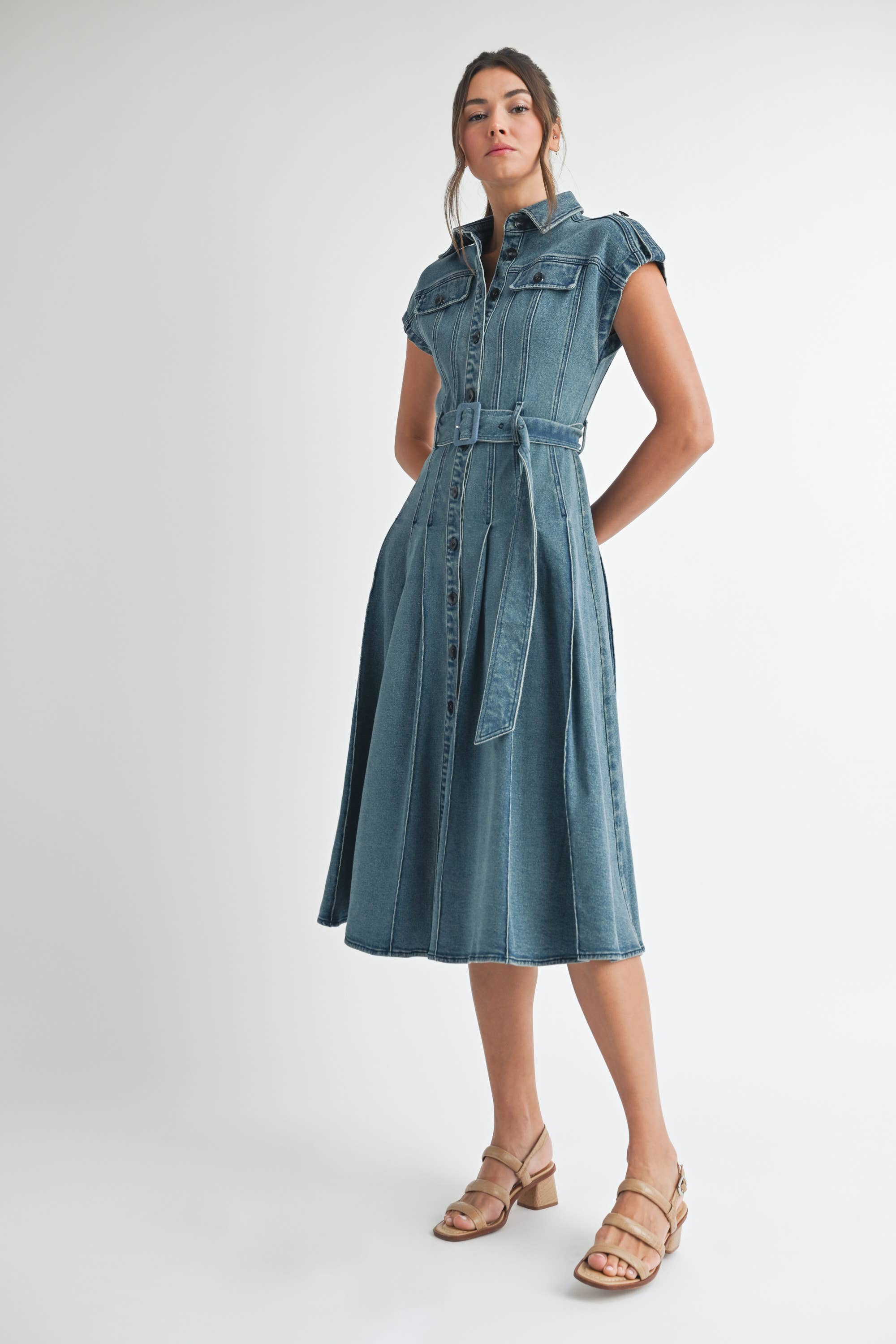MIDIUM WASH Denim Belted Midi Dress  for wholesale on Faire3