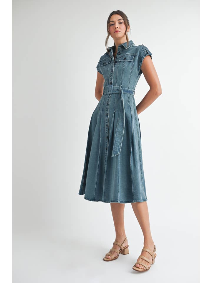 MIDIUM WASH Denim Belted Midi Dress for wholesale on Faire3