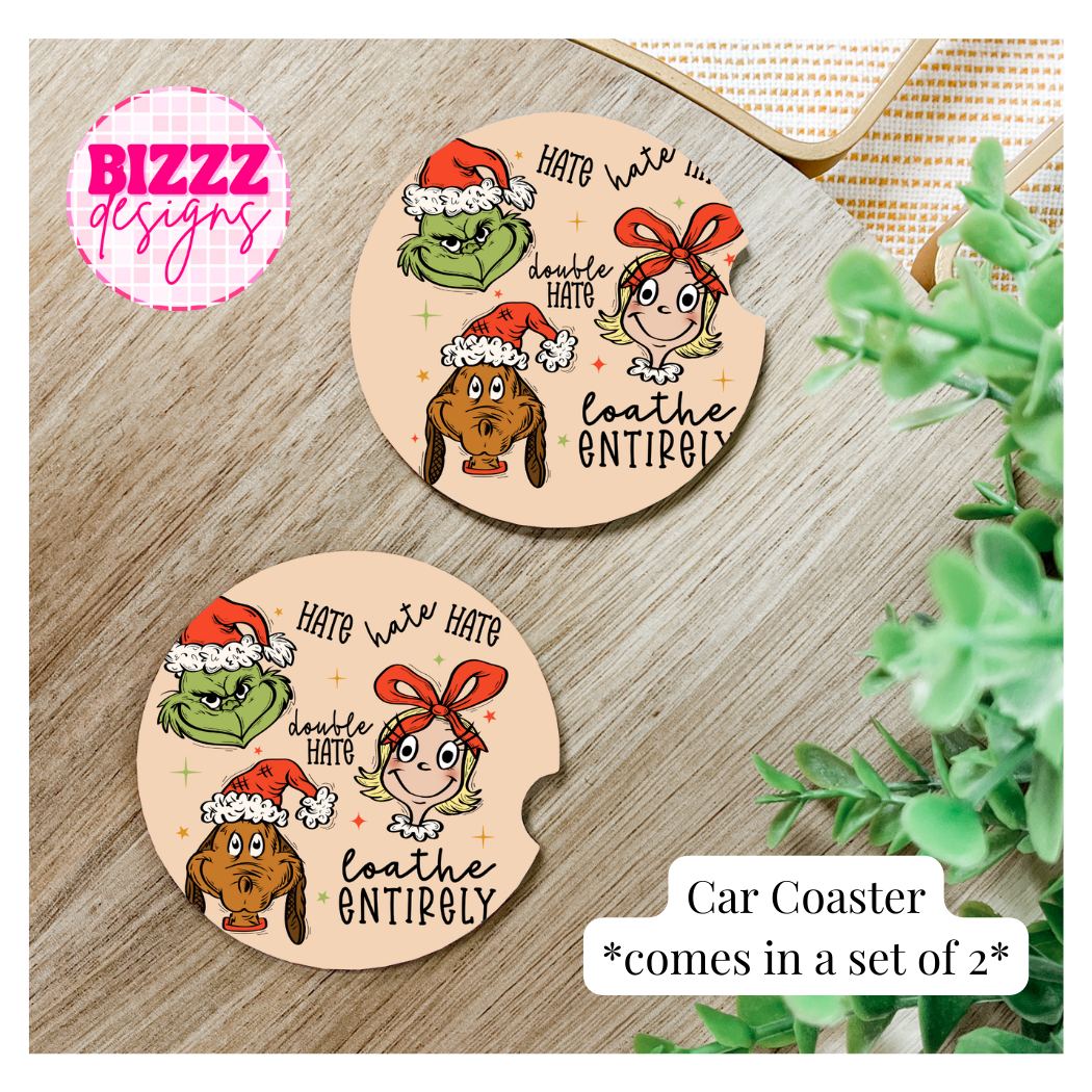 Bizzz Designs - Vente Sous-verre pour voiture – femme - Sous-verres pour voitures Grinchmas Cheer - Sous-verres pour voitures de Noël0