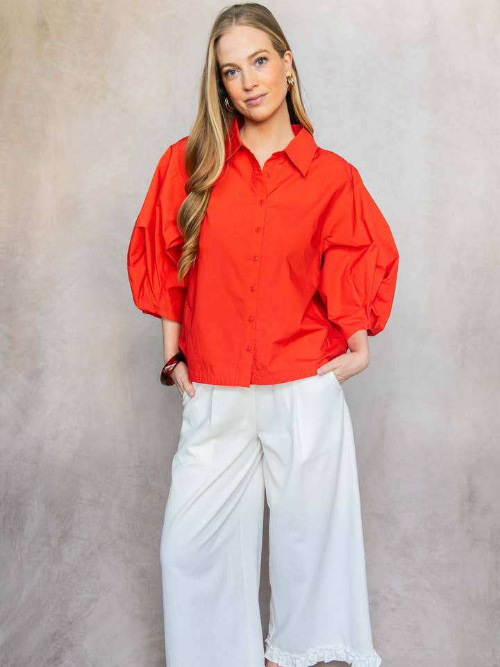 Poplin Bishop Sleeve Button Up Shirt for wholesale by Before You Collection