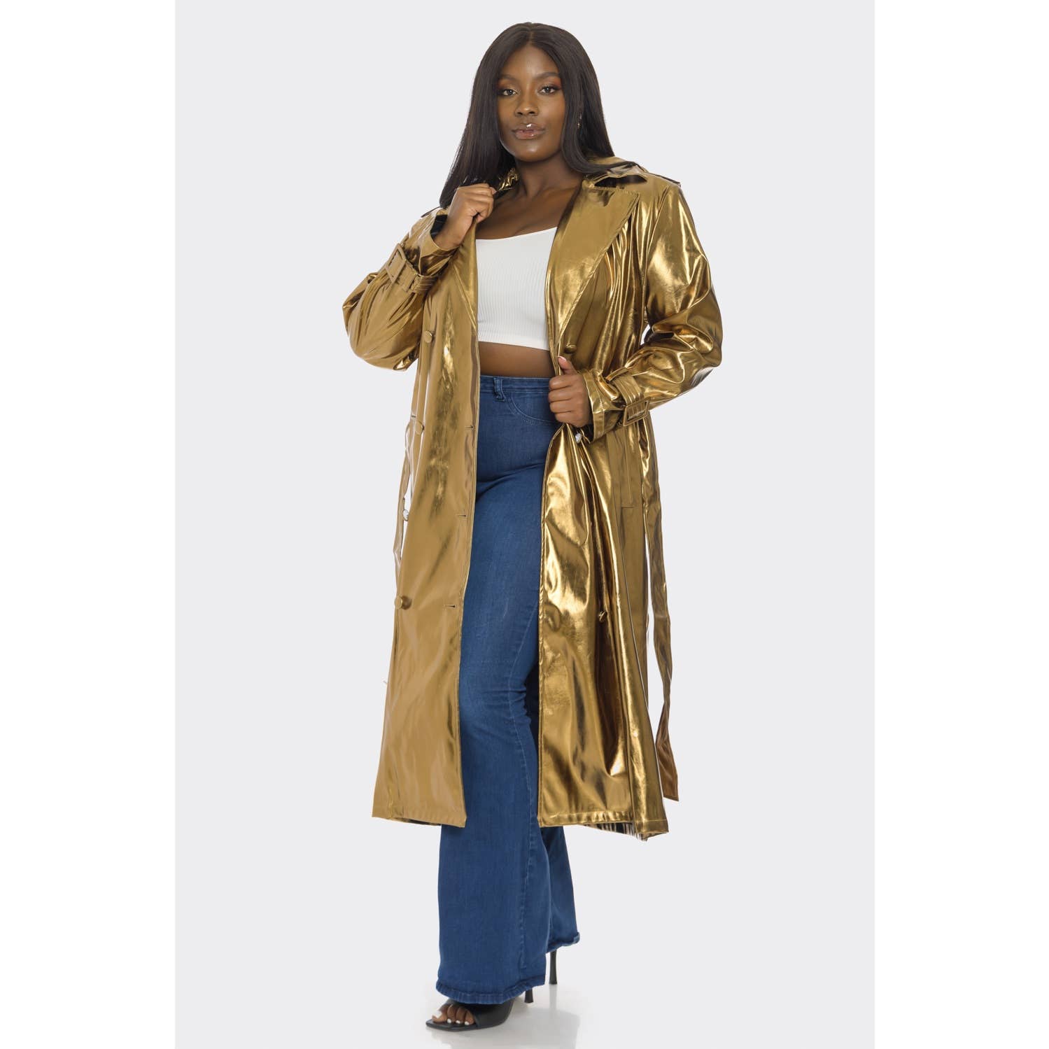 SJ630123-1P - PLUS COPPER COLOR METALLIC TRENCH COAT for wholesale on Faire3