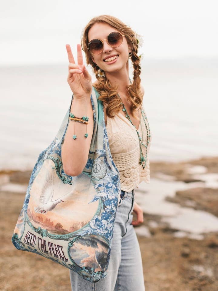 Borsa Tote in Lino Turchese "Peace Out" con Colombe e Alba per la vendita all'ingrosso da parte di Market of Stars (Worldwide)