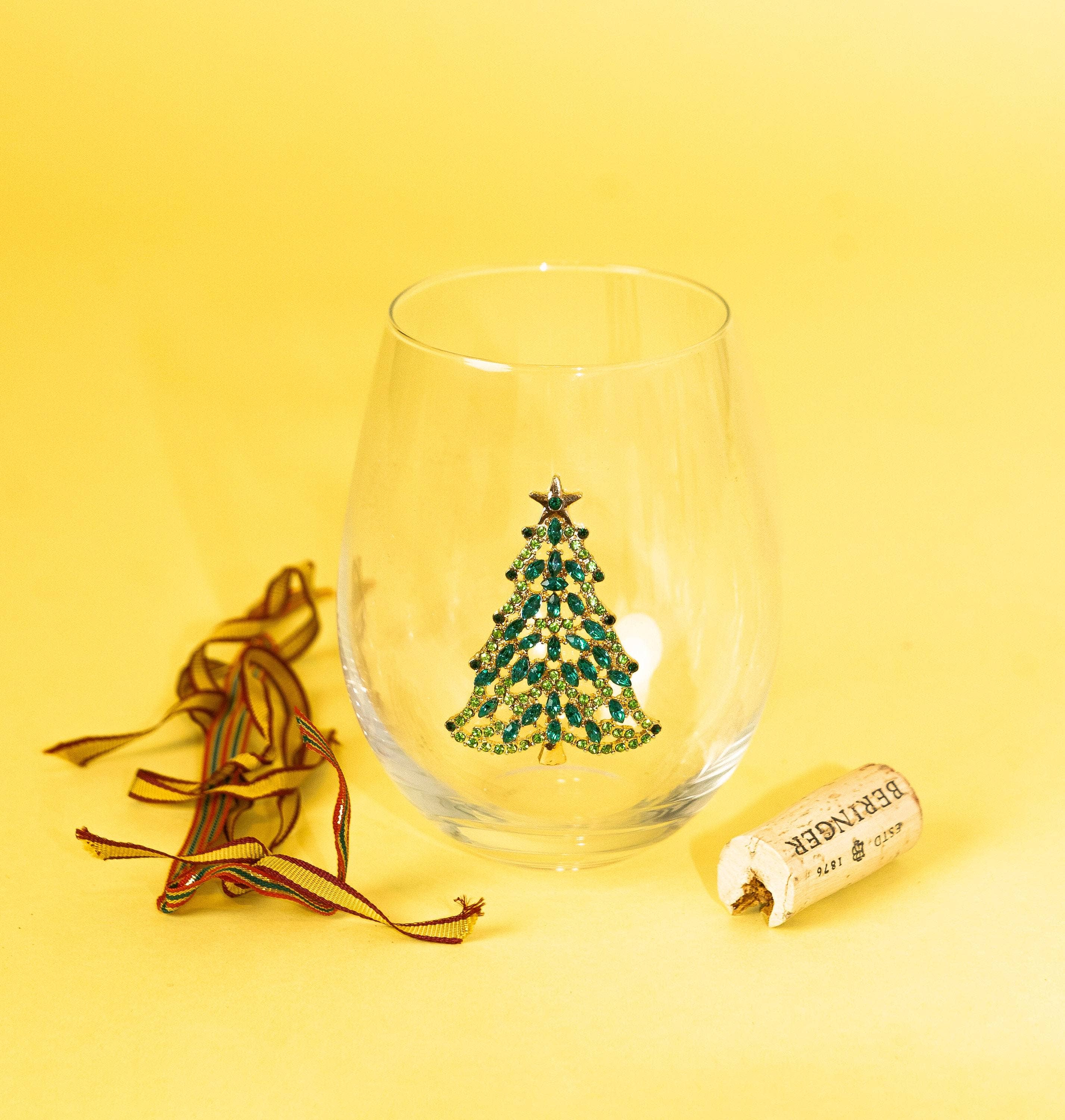 Jersey Art Glass - Wholesale Wine Glass - Bedazzled Christmas Tree Wine Glasses (Set of 2)1