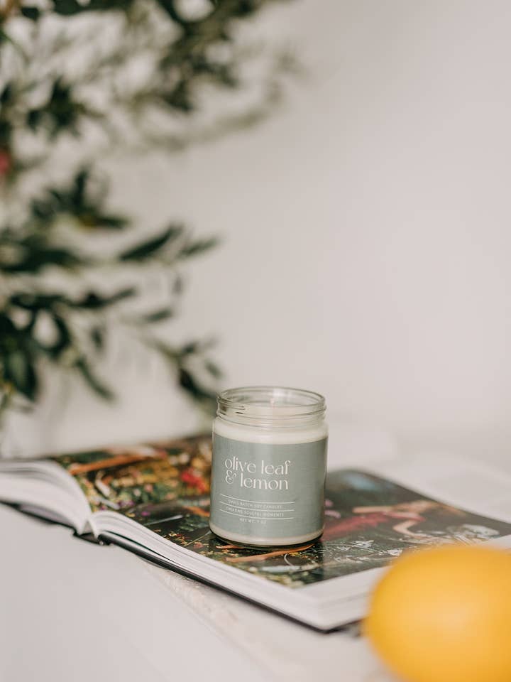 Olive Leaf and Lemon soy candle for wholesale by Soul Roots Wax Co.