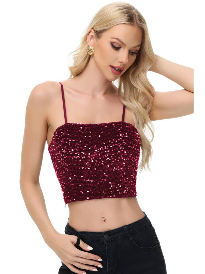 Anna Kaci Wholesale - Wholesale Camisole - Women's - Sparkly Sequin Cami Tops Crop Club Party Glitter Spaghetti14