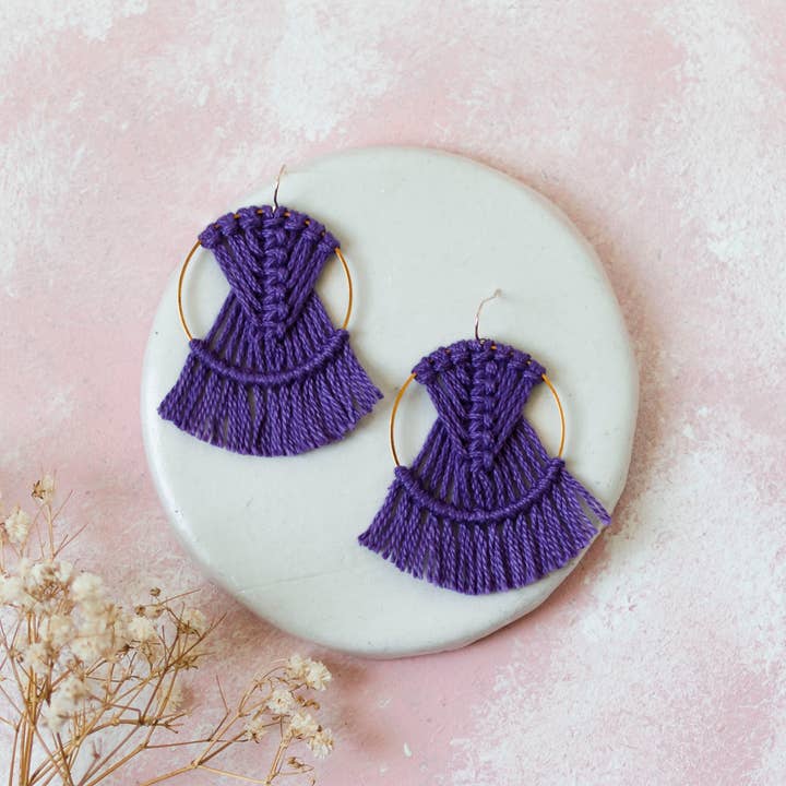 DREAM CATCHER PURPLE EARRINGS, MACRAME EARRINGS for wholesale by Prachi's Bohemian Art