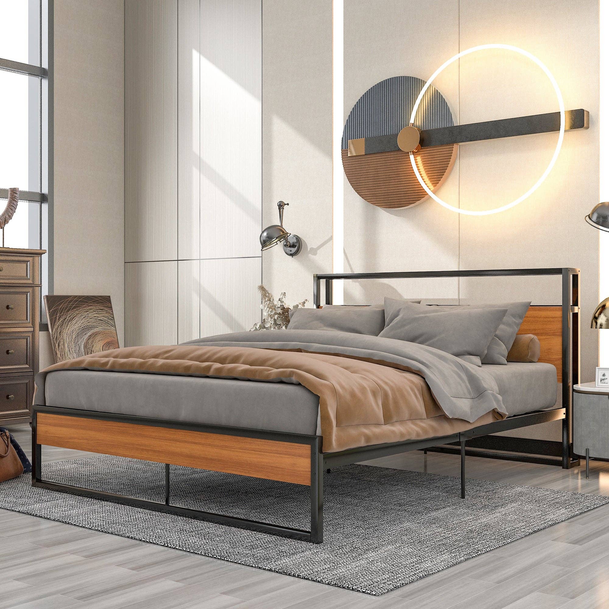 VTNG50 - Wholesale Bedroom Furniture - Queen Size Metal Platform Bed Frame with Sockets, USB Ports6