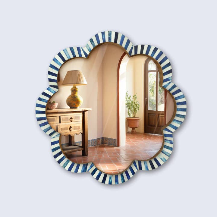 Make To Order Handmade Blue & White Bone Inlay Scalloped Wall Mirror – 18" for wholesale by Handicrafts Home