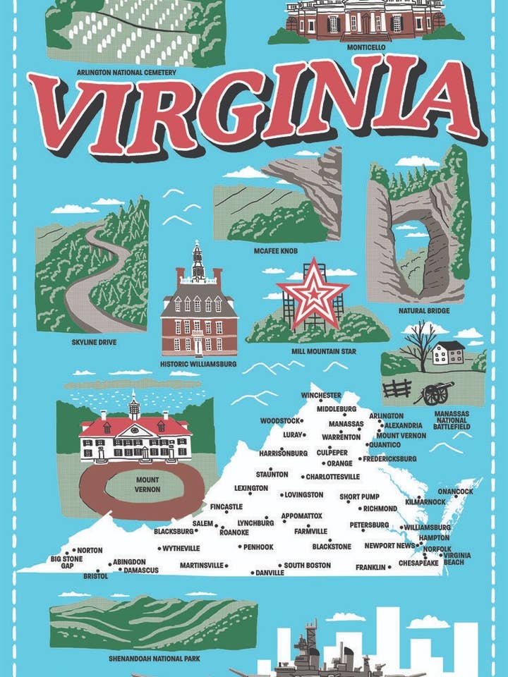 Virginia State Icons Tea Towel for wholesale by Vestiges