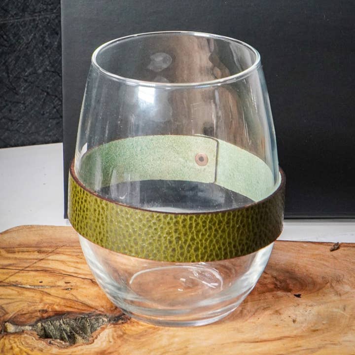 Stemless Wine Glass - Italian Olive Leather for wholesale by Duke and Edison