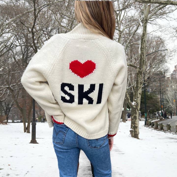 Pink Pineapple - Wholesale Cardigan - Women's - Varsity Chunky Heart Ski Cardigan-Ivory