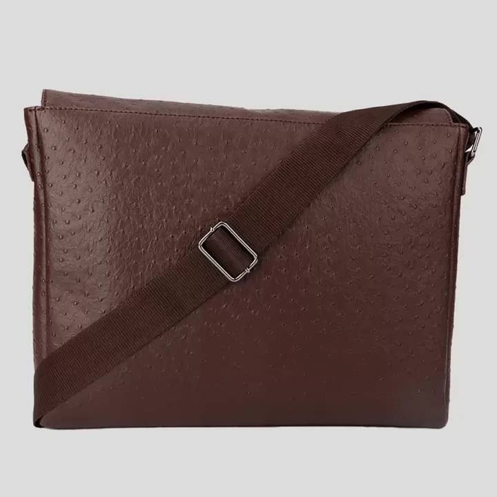 TWRC INC - Wholesale Messenger Bag - Unisex - POLICE Ostrich Polo Vegan Leather Messenger Bag- Brown1