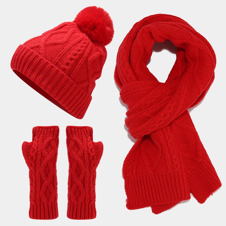 Dipped Shop - Wholesale Winter Accessory Set - Women's - Solid Color Twist Simple Knit Hat & Scarf Sets DPHS034212