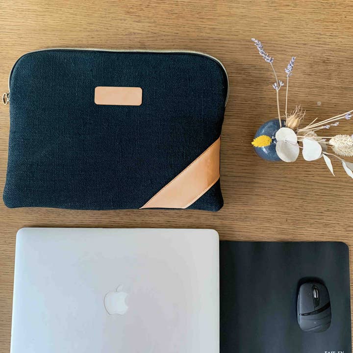 Laptop case - hemp, spruce, sea green leather for wholesale by Fossette