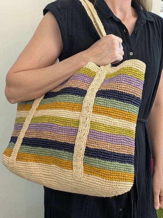 Handwoven Striped Raffia Tote for wholesale by Curiosity