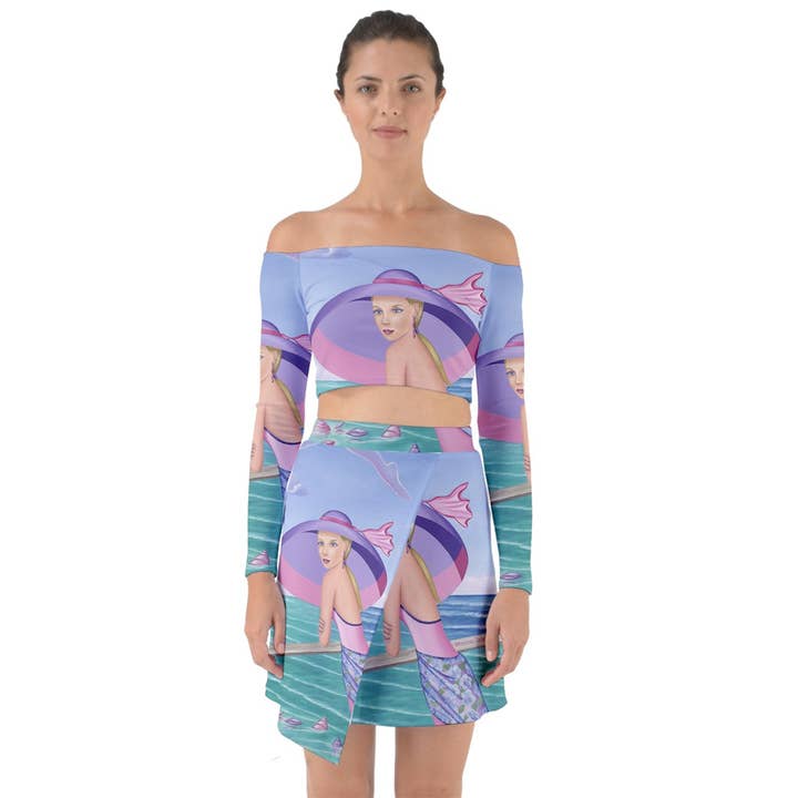 Off Shoulder Top with Skirt Set Palm Beach Purple Sharon Tatem Art for wholesale by Sharon Tatem Fashion LLC