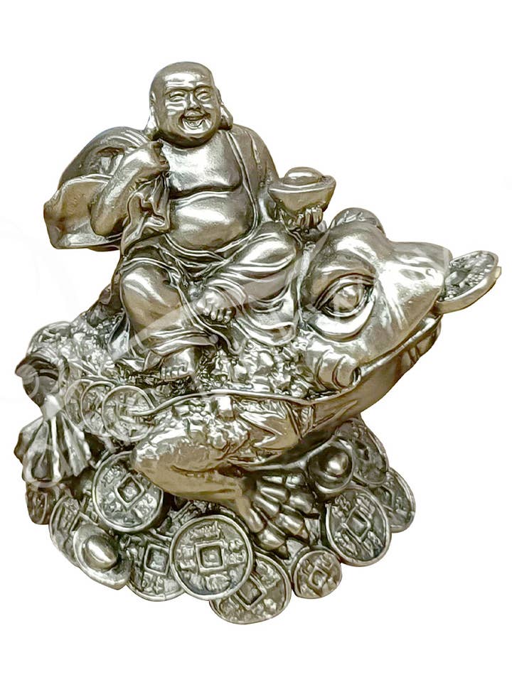 ESTATUA DE BUDA FELIZ, DORADA CON RANA DE DINERO, 3.95 PULGADAS DE LARGO X 3.95 PULGADAS DE ALTO para venta al por mayor de Oceanic Linkways Inc