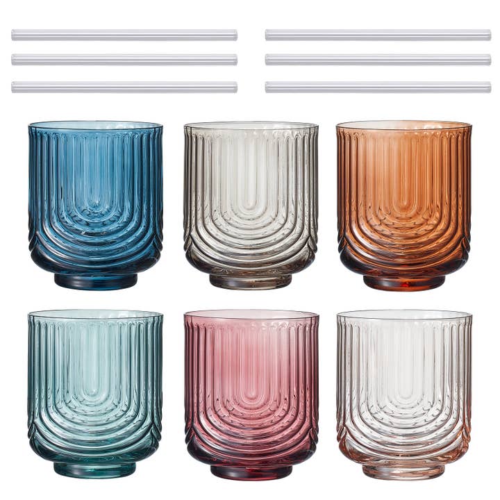 The Wine Savant / Khen Glassware - Wholesale Cocktail/Liquor Glass - Vintage Art Deco Tumbler Glasses with Straw | Set of 6 9.6OZ