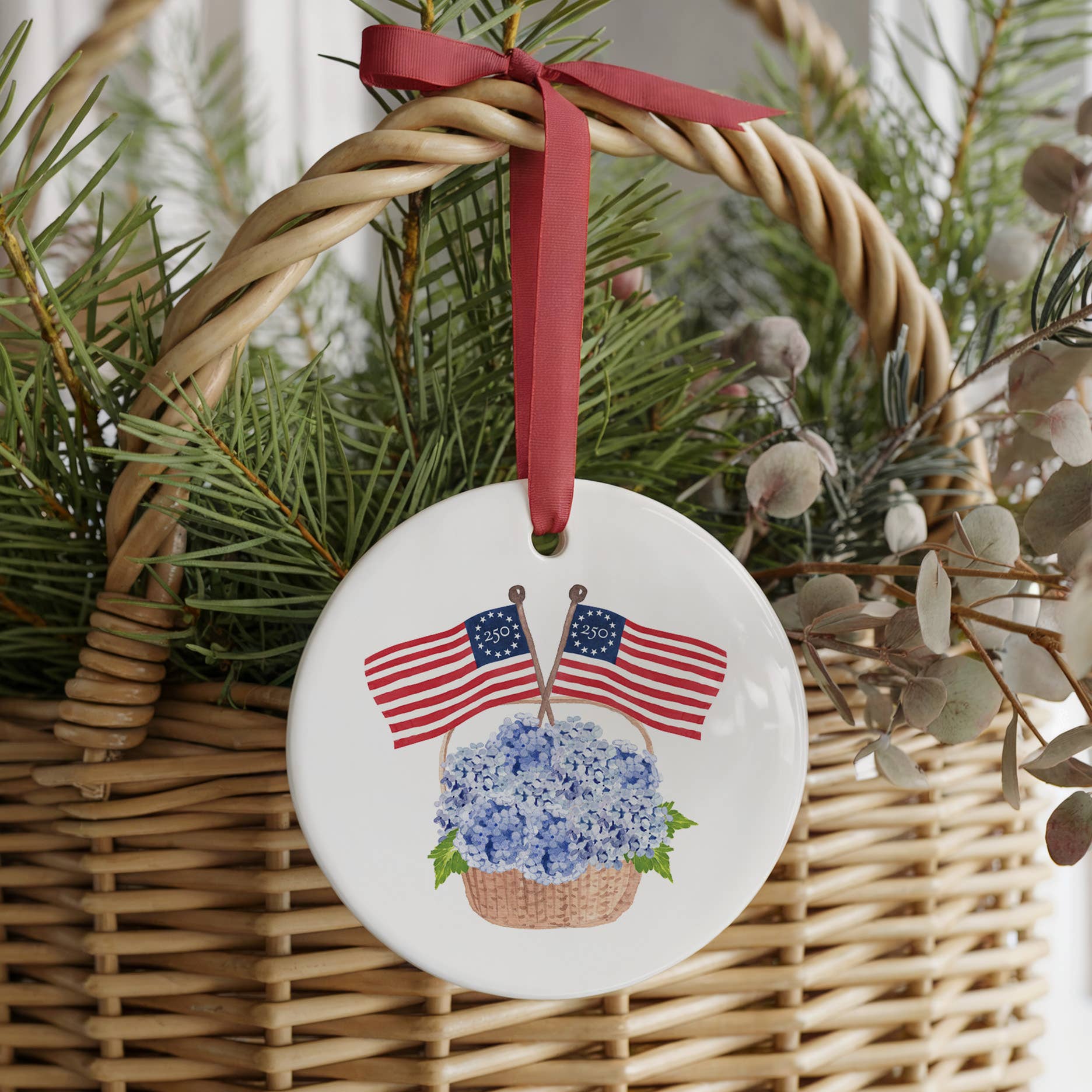 The Muddy Dog - Wholesale Ornament - Freedom250® Patriotic Basket 2 Sided Ornament With Gift Box1