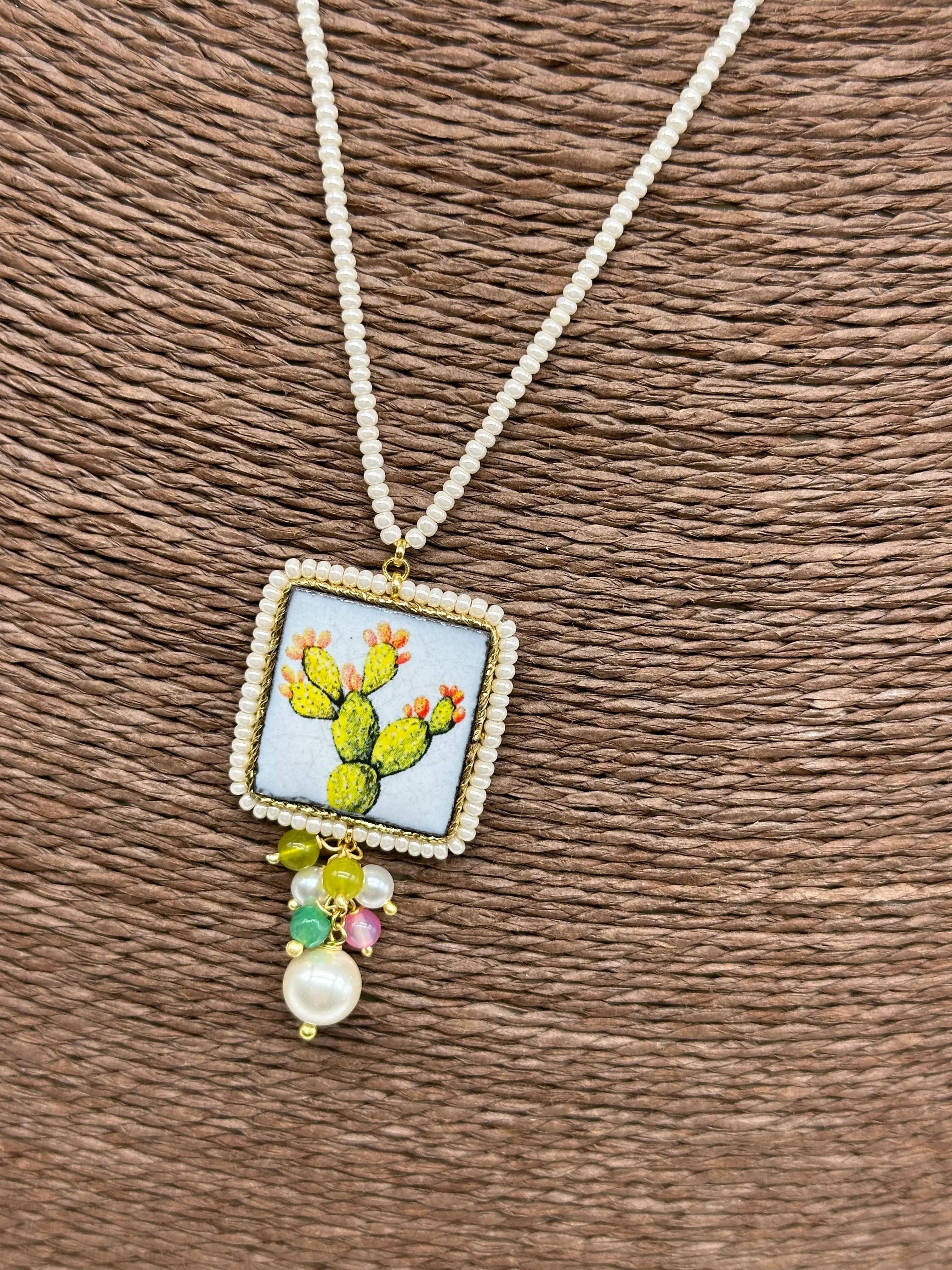 DD Ceramiche Siciliane - Wholesale Pendant/Charm Necklace - Caltagirone Ceramic Tile Necklace, Pala Fichi d'India Decor, frame and chain, white beads3