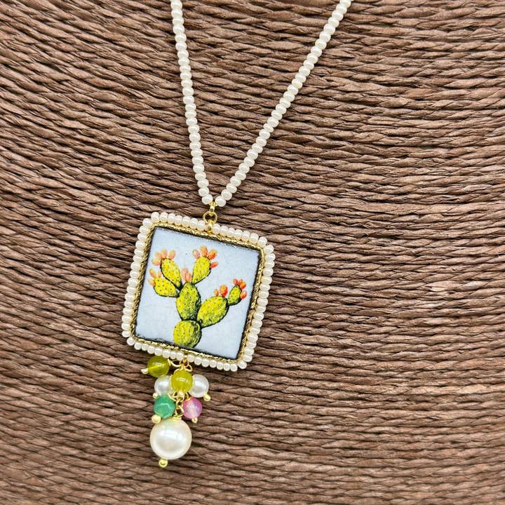 DD Ceramiche Siciliane - Wholesale Pendant/Charm Necklace - Caltagirone Ceramic Tile Necklace, Pala Fichi d'India Decor, frame and chain, white beads3