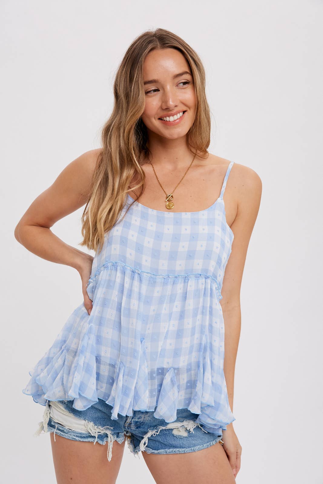 Bluivy – Top interior – Mulher por atacado – CAMI DE BAINHA DE BABADO DE CHIFFON XADREZ10